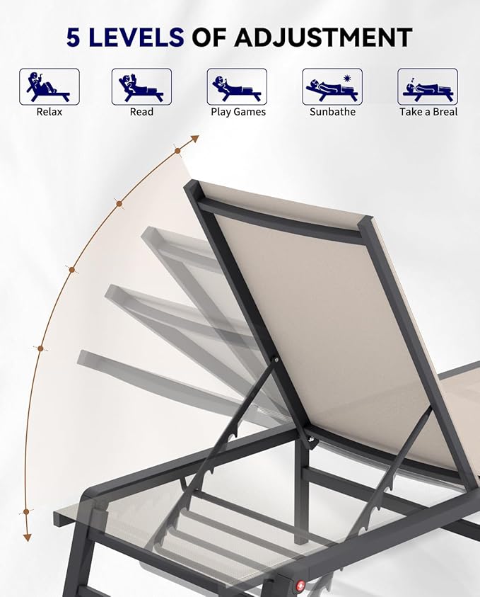 Aluminum Chaise Lounge Chair Outdoor, Foldable Patio Lounge Chair Assemble-Free, Pool Lounge Chairs with 5 Adjustable Backrest, Outdoor Lounge Chairs for Outside Poolside Beach Lawn Grey