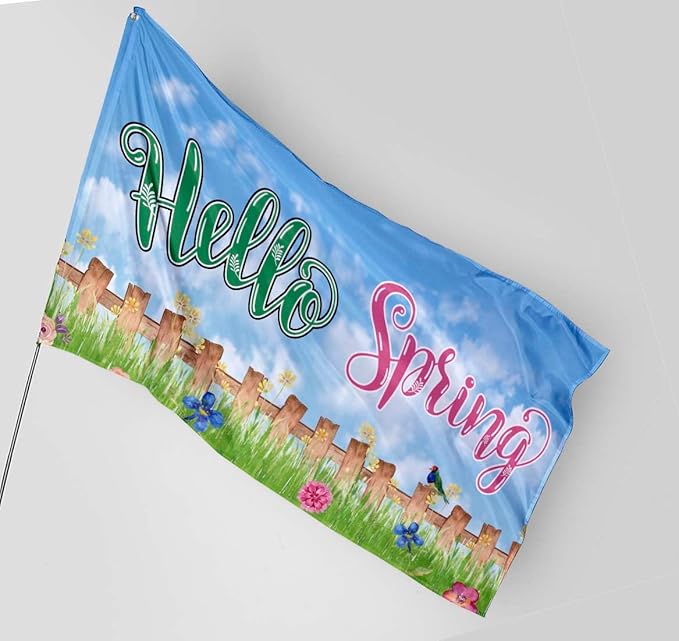 Hello Spring Birds with Flowers Home Flag 3x5 Ft,Seasonal Welcome Home Flower Spring Sweet Farmhouse Rustic Home Décor House Flag Seasonal Holiday Party Polyester Outdoor Decor with Brass