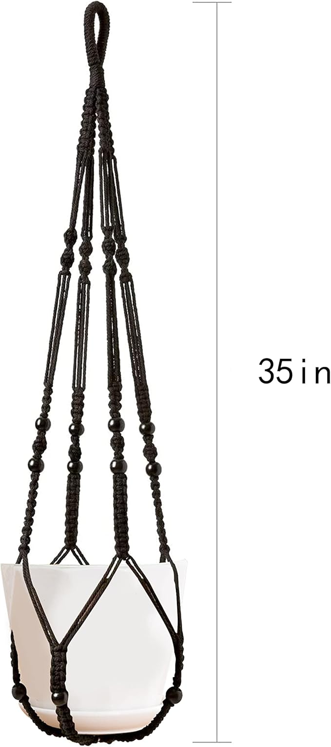 Macrame Plant Hanger Indoor Hanging with Wood Beads Macrame Planters No Tassel for Indoor Outdoor Boho Home Decor 35 Inch (Black,1pc)