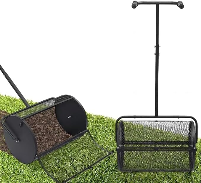 Compost Spreader, Durable Lawn Roller, Manure Spreader with Upgrade T Shaped Handle,Top Soil Spreader for Lawn and Garden Care Manure Spreaders Roller (T-Black-L)
