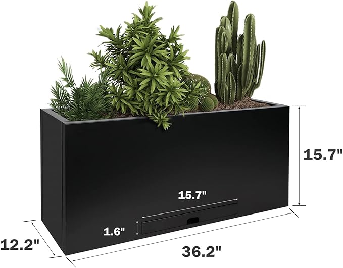 Worth Garden Metal Rectangular Planter Box - Black Powder Coated Steel Planter - 16" H. Tall Heavy Duty Modern Flower Plant Pot - Indoor & Outdoor, Commercial & Residential (16"x12"x36")