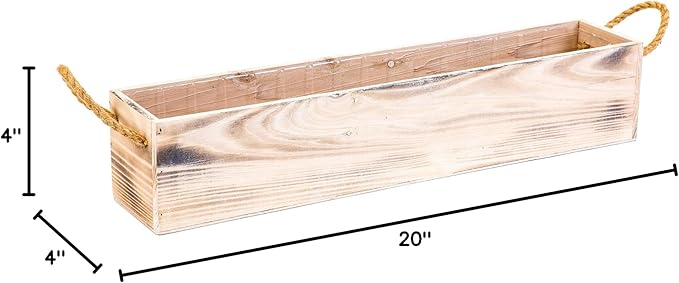 20" Rectangular Rustic Wood Planter with Handle and Plastic Liner l Rustic Whitewash l Country Style, Home and Wedding Decorations, Garden Ornaments (20x4 w Handle Set of 2, Whitewash)