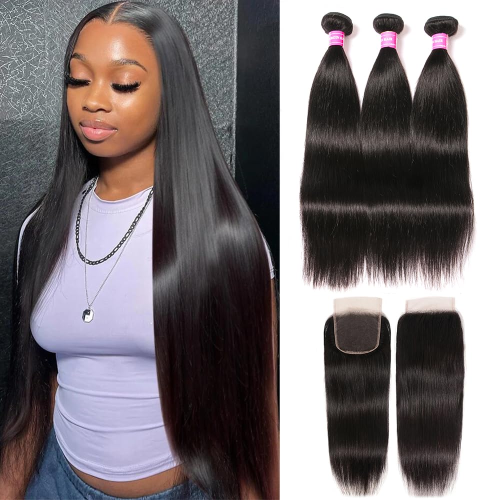 10A Straight Bundles With Closure For Black Women Human Hair Bundles 100% Unprocessed Brazilian Virgin Human Hair 3 Bundles With