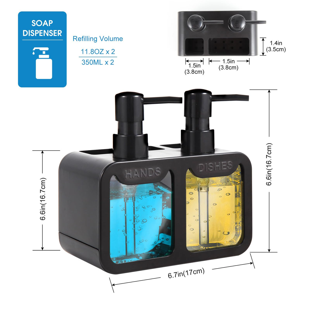 Kitchen Soap Dispenser Set, with Hand and Dish Soap, Sponge Caddy and Brush Holder 4-in-1 Kitchen Dual Soap Dispenser Set for Kitchen Sink, Bathroom - Black