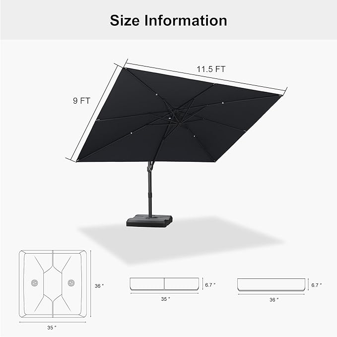 PURPLE LEAF 9' × 11.5' Patio Cantilever Umbrella with Base Outdoor Rectangle Adjustable Offset Umbrellas with 360-degree Rotation and 8 Heavy Duty Metal Ribs for Garden Deck Pool Grey