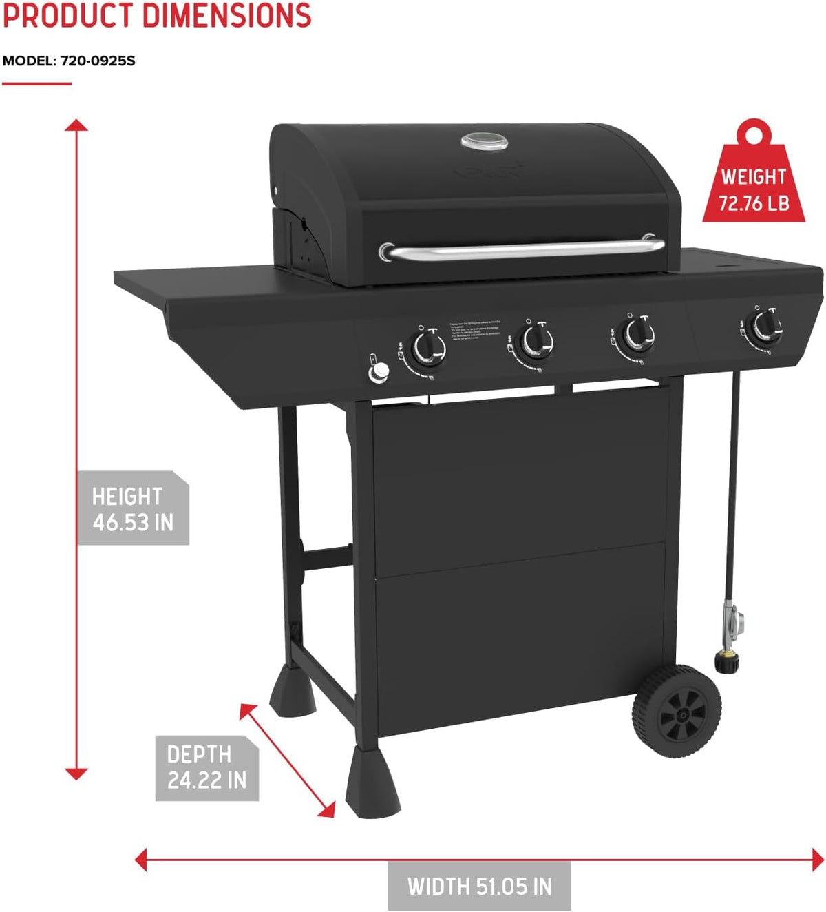 Nexgrill 3-Burner Propane Gas Grill with Side Burner, 52,000BTUs, 418 SQ. In. Cooking Space, BBQ Grill with Durable Steel Lid & Control Panel for Outdoor Cooking, Patios, and More - 720-0925S