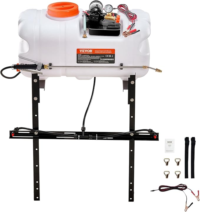 VEVOR ATV Spot Sprayer, 15.9 Gal/60L ATV/UTV Broadcast With Nozzle Boom, 12 V Pump With Water Tank, 1.9 GPM Flow Rate, Adjustable 0-72 PSI, 20FT Hose, Weed Sprayer for Garden, Farm
