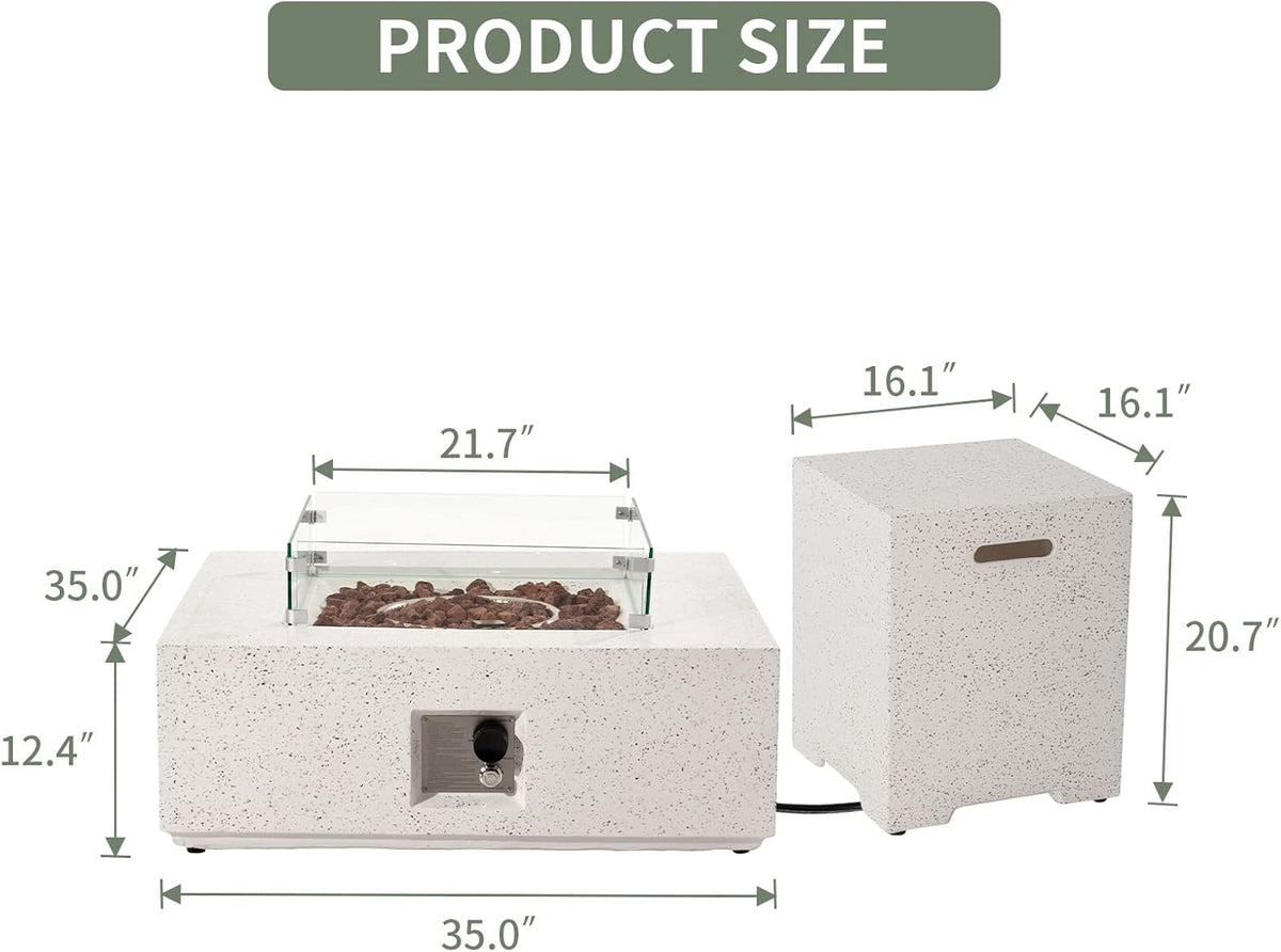 COSIEST 35-inch Square Outdoor Sandstone Propane Fire Pit w Wind Guard and Side Table, CSA Certified, 50,000 BTU Stainless Steel Burner, Free Lava Rocks and Rain Cover, Metal Lid(Beige)