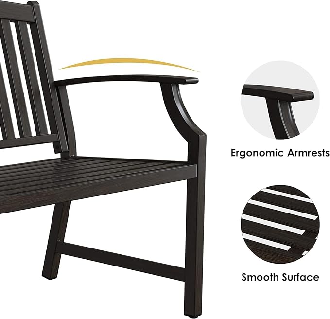 Grand patio 52" Farmhouse Outdoor Bench, Garden Benches with Rust Free Metal Powder Coated Frame and Aluminum Backrest, Faux Wood Grain Finish Frame Patio Bench for Front Porch, Northwoods Brown
