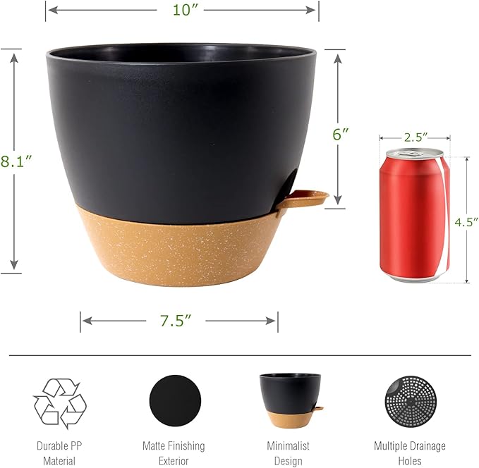 WOUSIWER 10 inch Self Watering Planters, 2 Pack Large Plastic Plant Pots with Deep Reservior and High Drainage Holes for Indoor Outdoor Plants and Flowers, Black with Terracotta