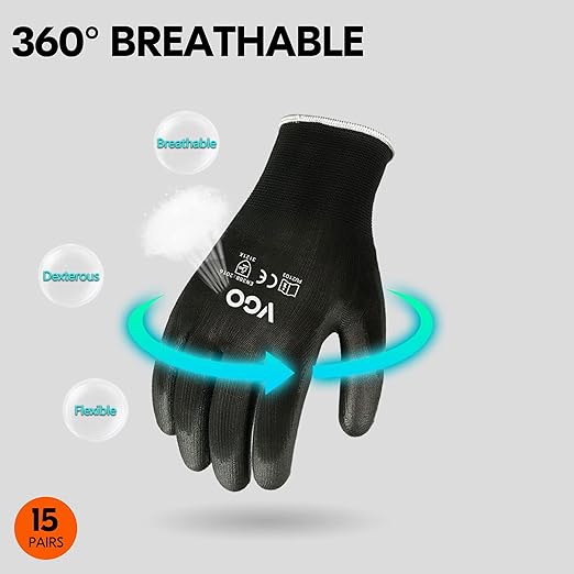 Vgo... 15-Pairs Safety Work Gloves, Gardening Gloves, Polyurethane Coated, Dipping Gloves, Latex Free (Size XL, Black, PU2103)