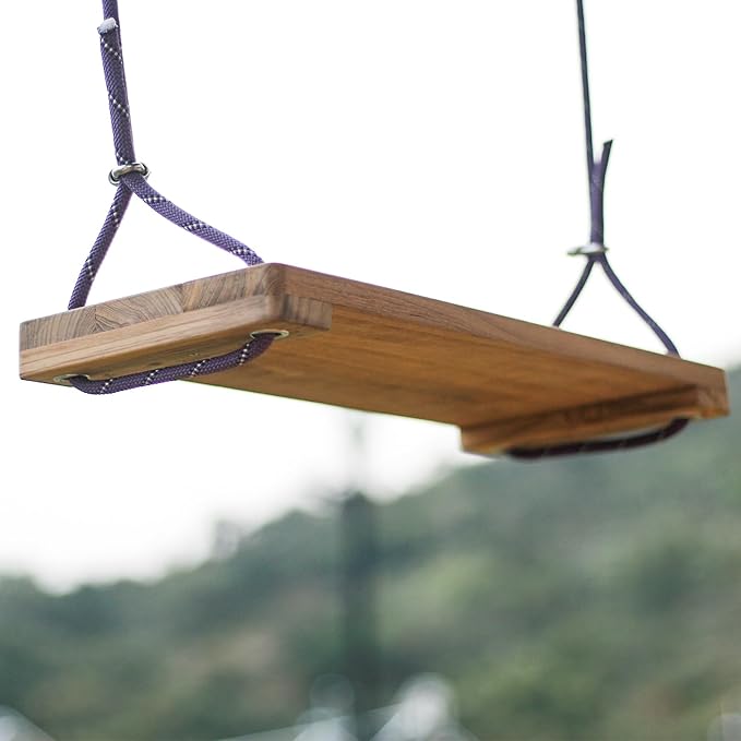 Teak Wood Swing 16.6"x7.5" - Outdoor Wooden Tree Swing Seat for Adults & Kids, Backyard Wood Swings with Height Adjustable Design