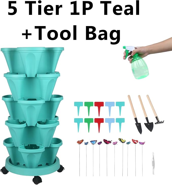Vertical Planter, 5 Tier Stackable Strawberry Planter with Garden Tool Set, Movable Indoor/Outdoor Garden Herb Pot for Growing Vegetables and Succulents, Teal