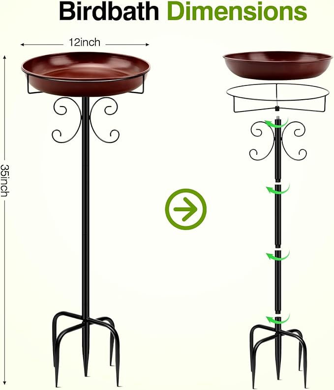 Daoeny Heavy Duty Bird Baths for Outdoors, 35In Outdoor Freestanding Birdbaths & Birdfeeder, Bird Bath Feeder Bowl with Metal Stake Garden Patio Yard Lawn Decor, Upgraded 5-Pronged Base (Brown)