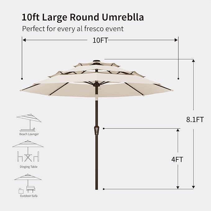 Kingdura 10ft 3-Tier Patio Umbrella, Outdoor Table Umbrella with Easy Crank & Tilt, 8 Reinforced Ribs, UV Protection for Deck, Pool, Market, Backyard (Beige)
