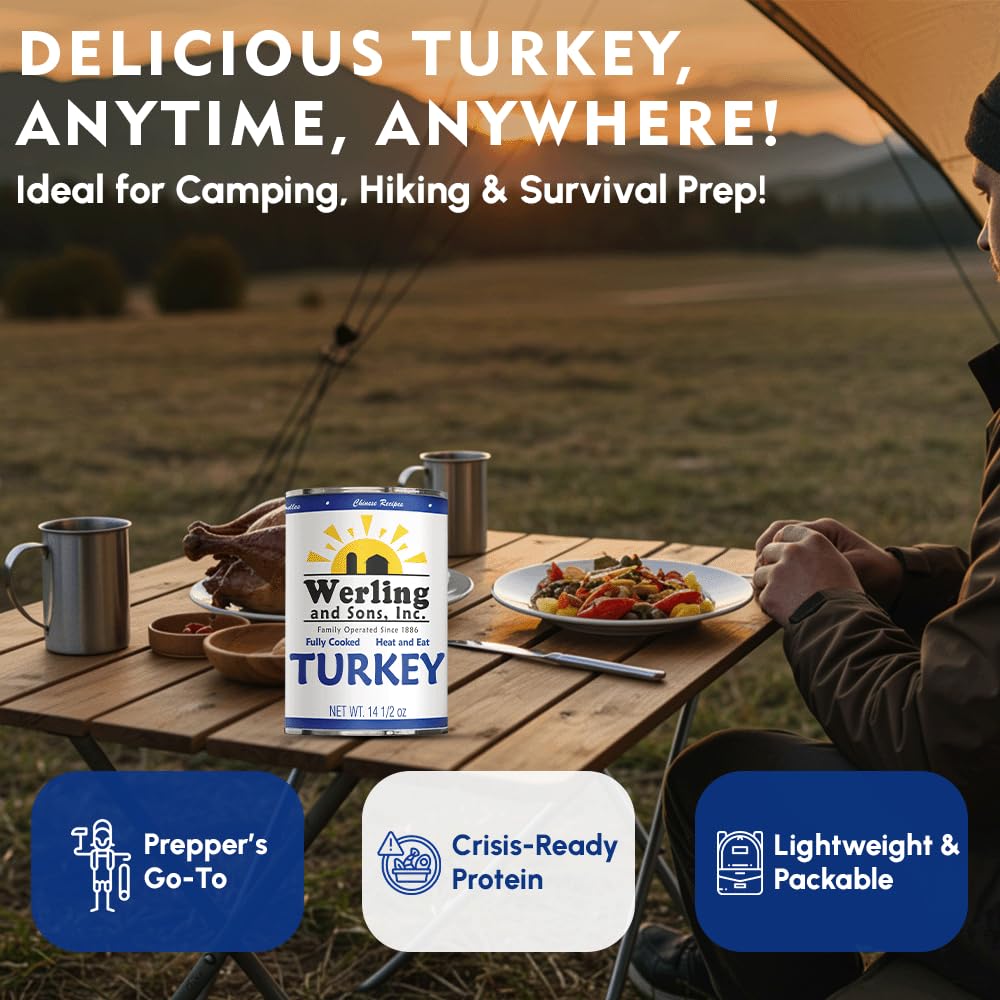 Werling & Sons Fully Cooked Canned Turkey Meat 14.5 Oz Heat & Eat Premium Quality Recipe Ready Canned Meat for Everyday Quick Meals, Camping