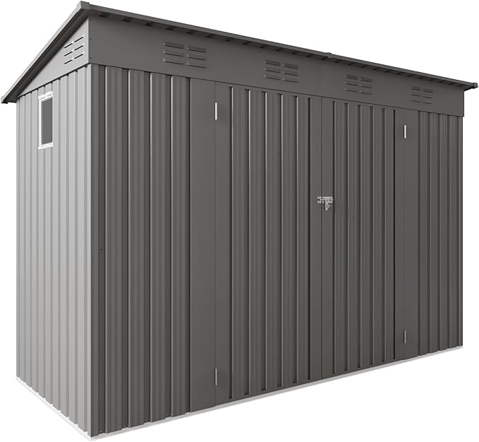 4 * 9.2 * 6 FT Outdoor Storage Shed, Galvanized Steel Garden Shed with Lockable Door & Window, Waterproof Metal Tool Storage for Garden, Backyard, Patio, Lawn(Gray)