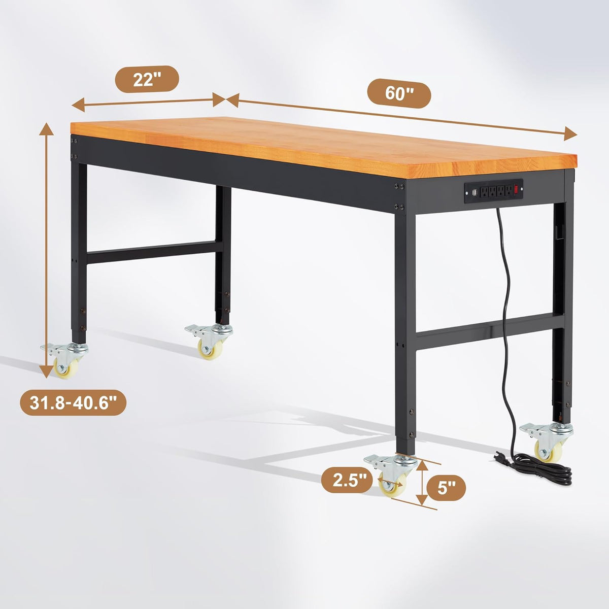 HABUTWAY Height Adjustable Workbench with Wheels 60" 2000 Lbs Capacity Solid Wood Work Station Heavy-Duty Rolling Work Tables for Garage Party Shop Office