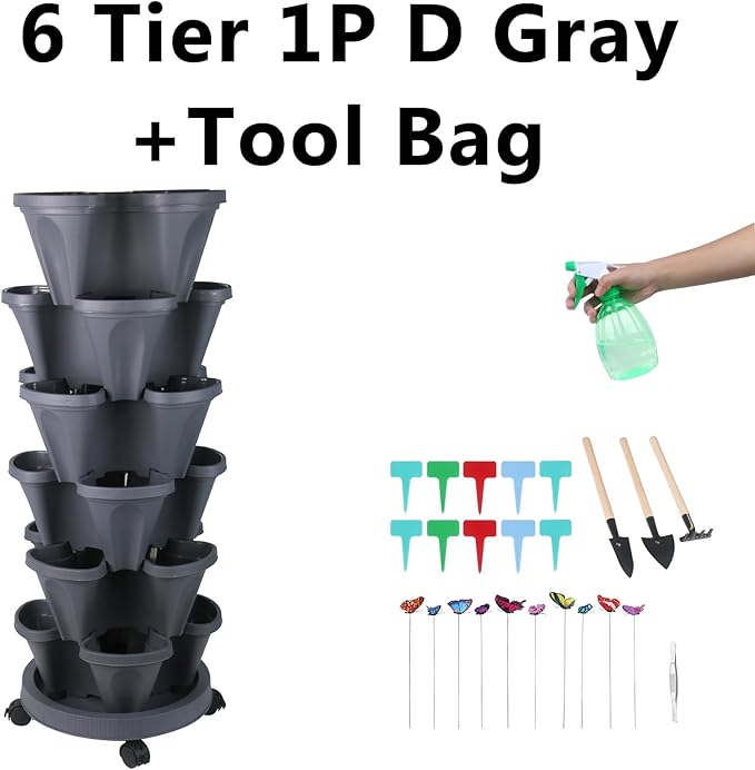 Vertical Planter, 6 Tier Stackable Strawberry Planter with Garden Tool Set, Movable Indoor/Outdoor Garden Herb Pot for Growing Vegetables and Succulents, Dark Gray