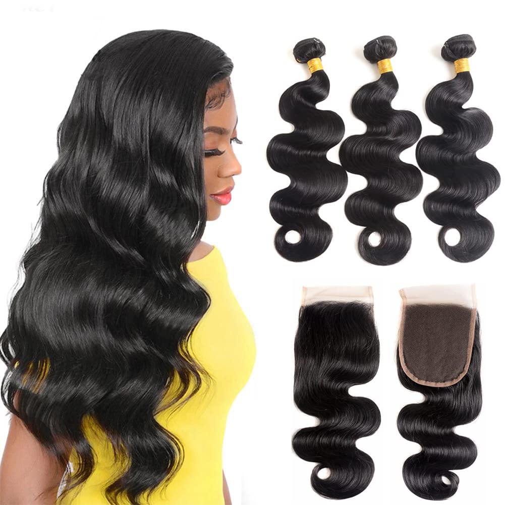 Body Wave Bundles With Closure Brazilian Human Hair 3 Bundles With Closure(18 20 22+16) Body Wave 100% Unprocessed Virgin Hair B