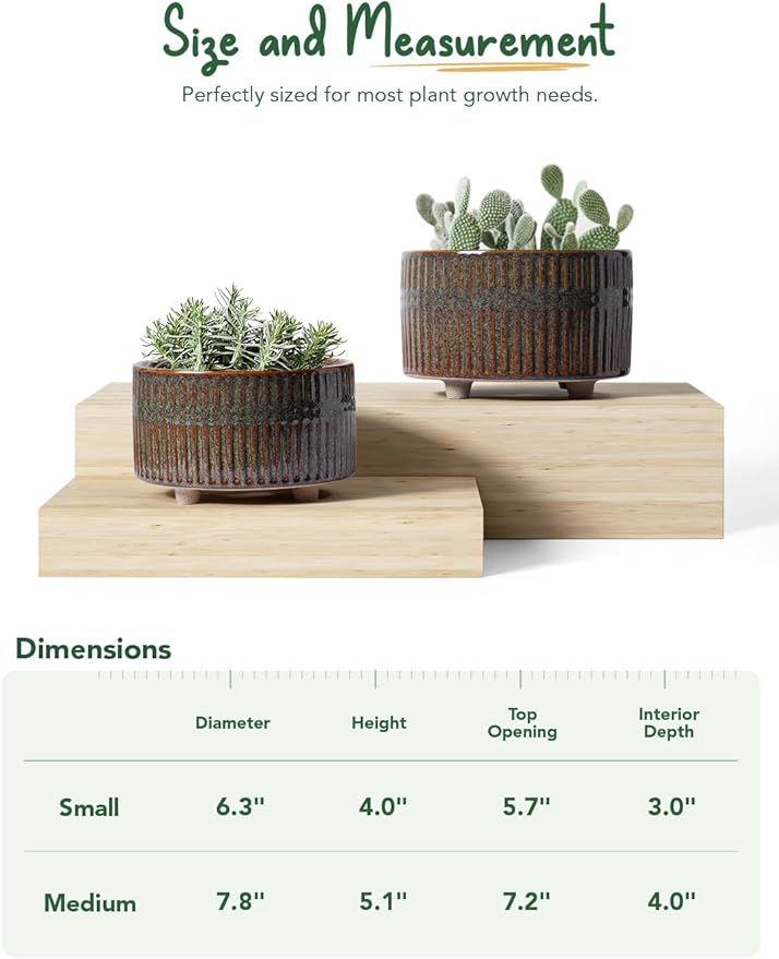 LE TAUCI Succulent Pots, 6.5+8 Inch Ceramic Indoor Plant Pot with Drainage Hole, Modern Round Decorative Flower Pot, Set of 2, Reactive Glaze Black
