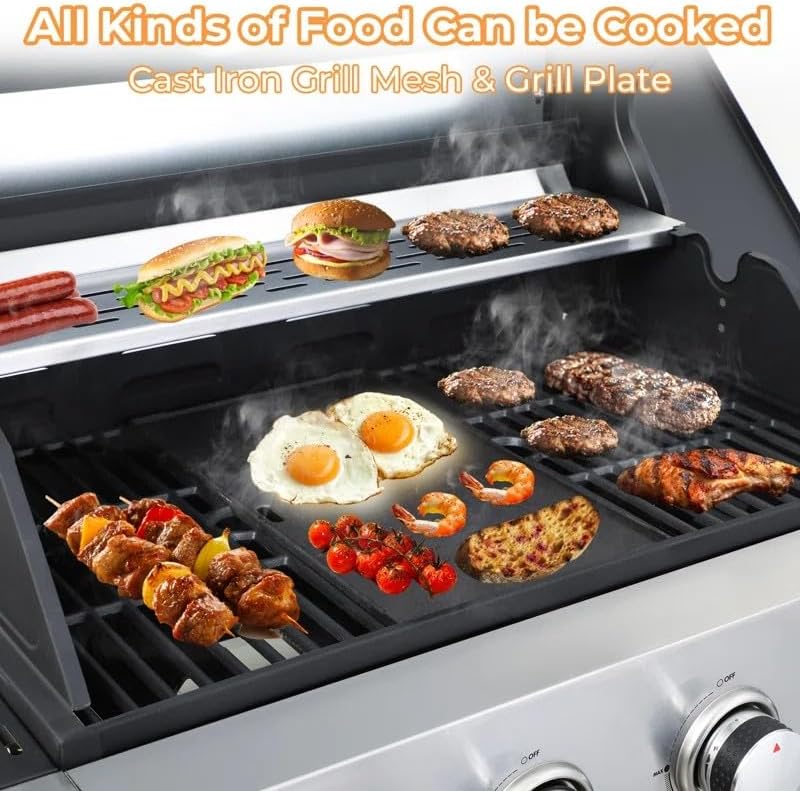 3-Burner Propane Gas Grill, 25,650 BTU Outdoor BBQ Grill with Stainless Steel Warming Rack, Enameled Cooking Grids, Built-in Thermometer & Foldable Side Tables - Portable Design with 6" Wheels