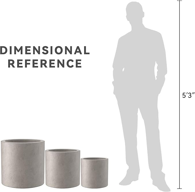 Kante 9.8",12.6",15.7" Dia Round Concrete Planter Set of 3, Modern Style Large Cylindrical Plant Pot with Drainage Hole and Rubber Plug for Indoor Outdoor Patio, Weathered Concrete