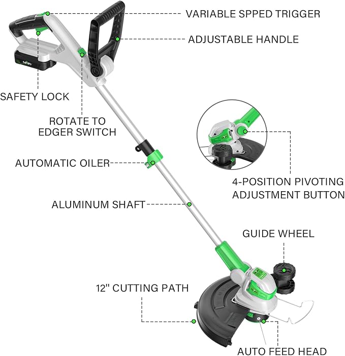 SOYUS Weed Wacker Battery Operated, 12 Inch String Trimmer Cordless, 20V Weed Wacker Electric with Battery and Charger, Lightweight Edger Trimmer with 8 Pcs Replacement Spool Trimmer Lines