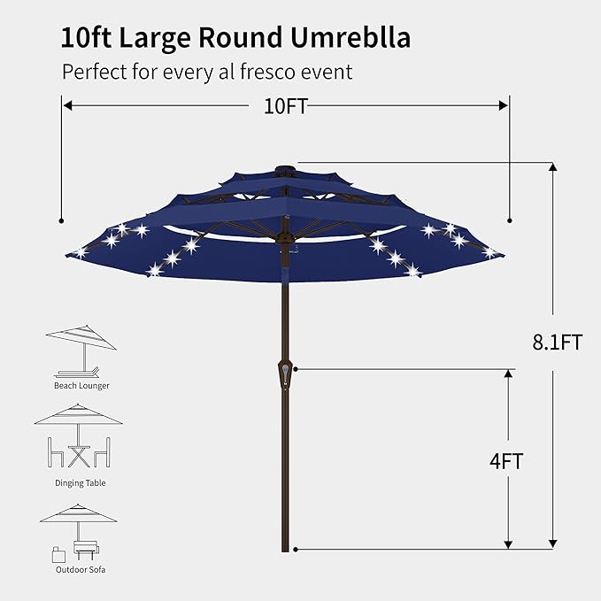 Kingdura 10ft 3-Tier Patio Umbrella with Solar Lights, Table Umbrella Outdoor Patio with Easy Crank & Tilt, 8 Sturdy Ribs, UV Protection, 32 LED Lights for Deck, Poolside, Market (Navy blue)