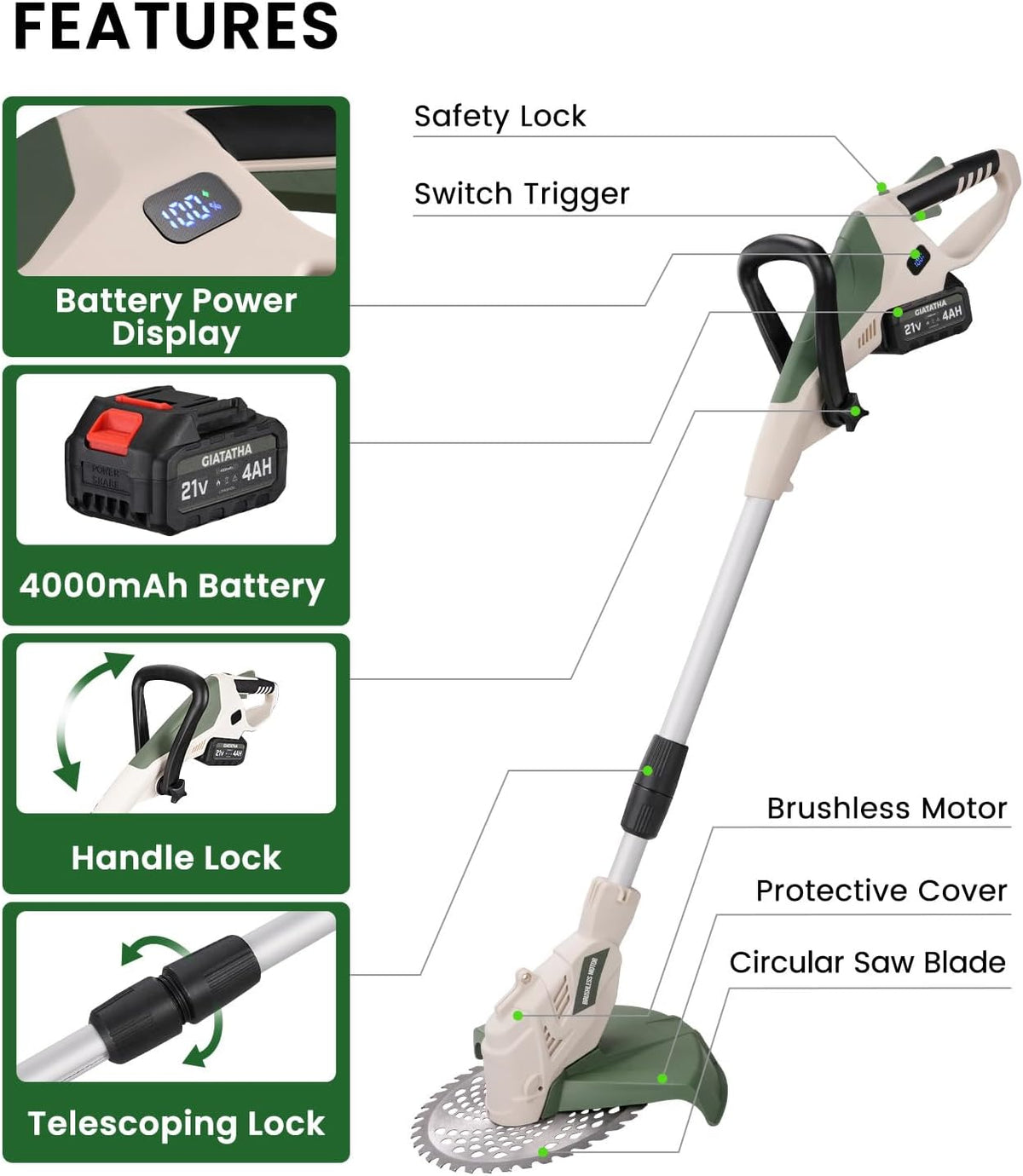 Electric Weed Wacker Cordless, Brushless Grass Trimmer with 21V 4.0Ah Batteries and Charger, 4 Types of Blades String Trimmer, Weed Eater Battery Powered with Shoulder Strap, Lawn Edger Tool