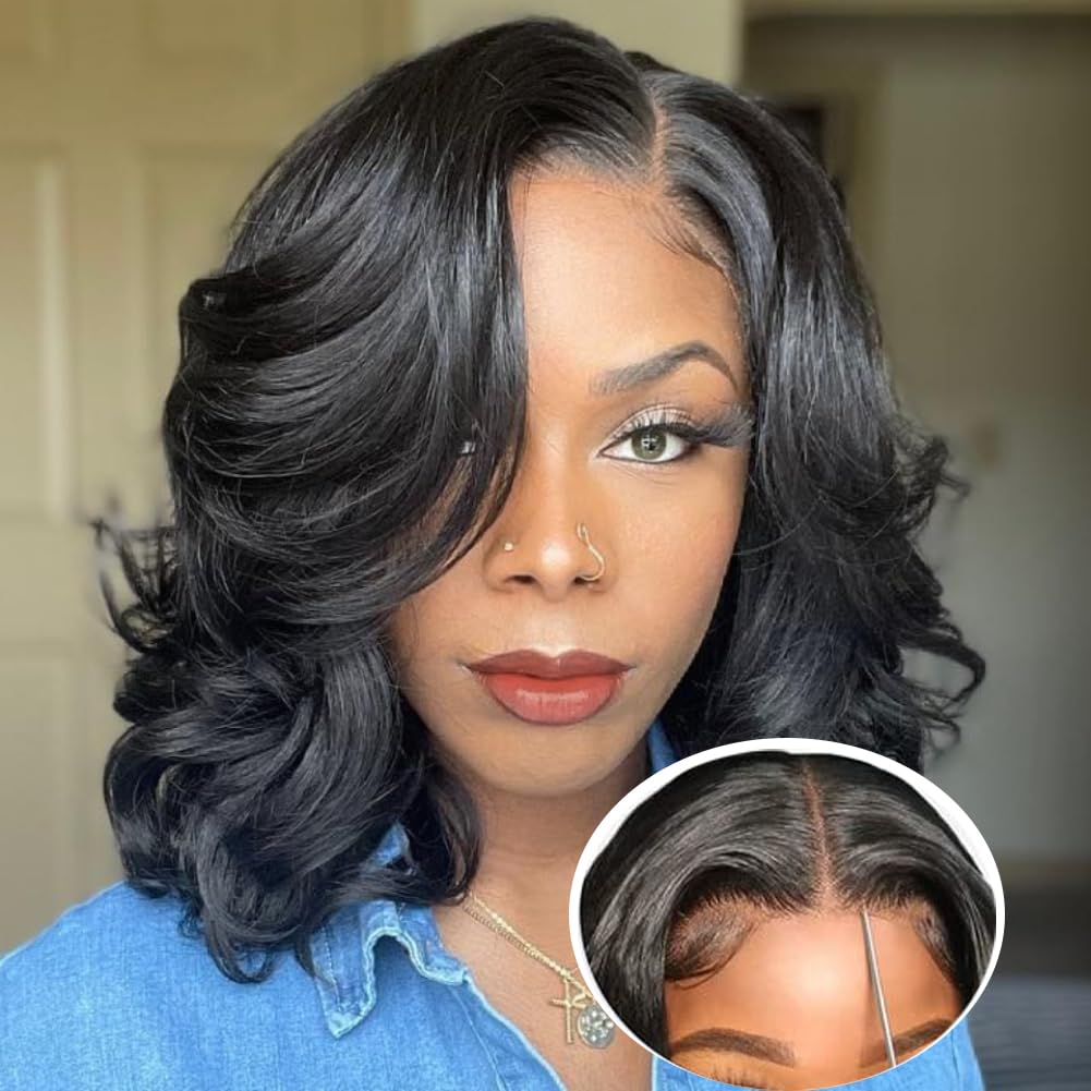 Blockice Glueless Bob Wigs Human Hair Pre Plucked Body Wave Wear And Go Glueless Wig Lace Pre Cut 4X4 Lace Closure New Upgraded