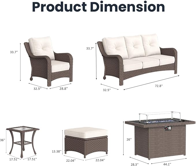 7 Pieces Outdoor Patio Furniture Sets with Single Chairs with 6-inch Thick Cushion and Fire Pit Table for Deck Lawn