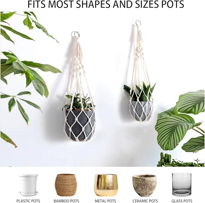 Artilady Macrame Plant Hanger Large Hanging Planter for Indoor Plants Holder White Cotton Rope Hanging Plant Basket Handmade Outdoor Window Boho Plant Wall Decor