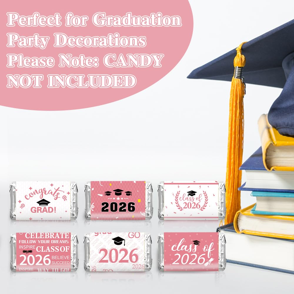 Graduation Party Decorations 2025 Graduation Label Stickers, 240PCS Congrats Grad Mini Pink White Candy Wrapper Class Of 2025 Chocolate Bar Stickers