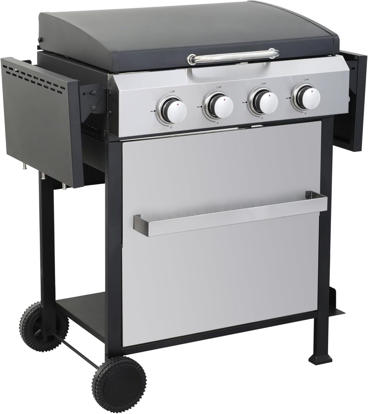 4-Burner Propane Gas BBQ Grill with SS Plancha, 49,200 BTU Output, Wire Enamel Cooking Grids, Foldable Side Table and Hanging Basket, Heavy-Duty Stainless Steel Grill