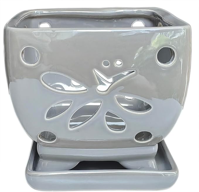 Orchid Pots with Holes Square Ceramic Orchid Planter Pots 5.5 inch (Gray)