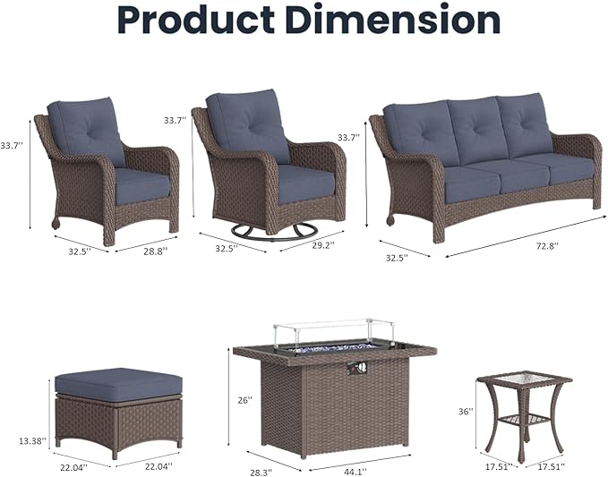 10 Pieces Outdoor Patio Furniture Sets with Rocking Swivel Chairs with 6-inch Thick Cushion and Fire Pit Table for Deck Lawn
