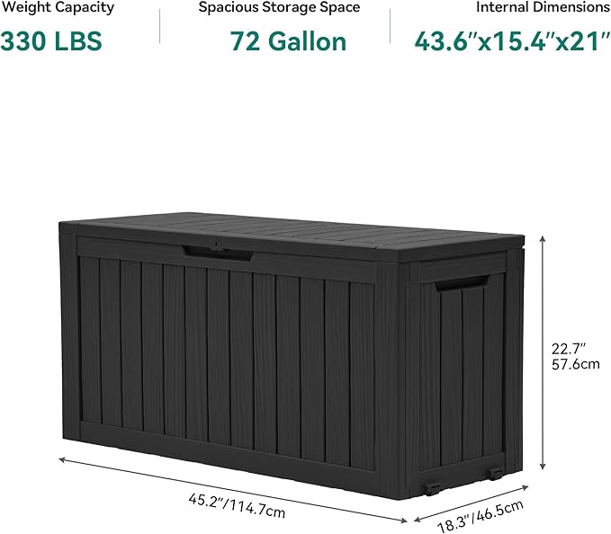 YITAHOME 72 Gallon Outdoor Resin Deck Box with Wheels, Pool Storage Box for Outdoor Cushions, Sports Equipment, Garden Tools, Black