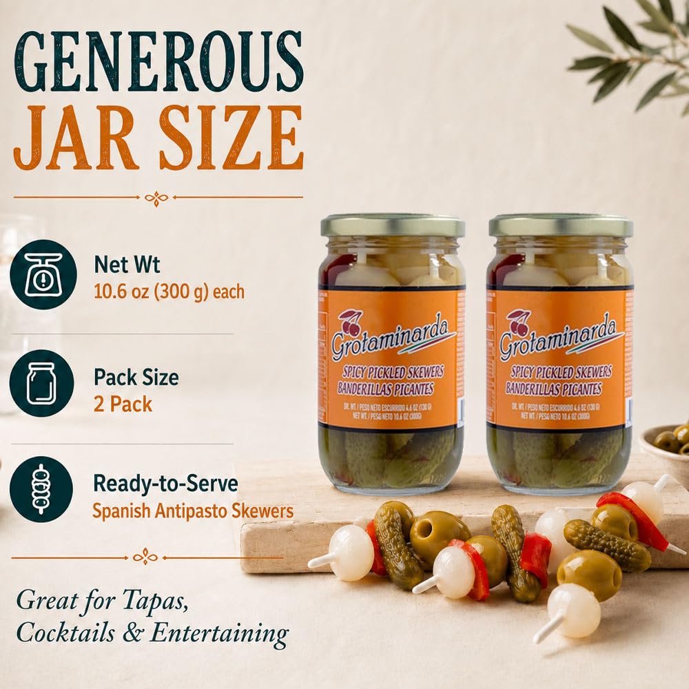 GROTAMINARDA | Spicy Pickled Skewers | 300 G Gourmet Spanish Antipasto Skewers with Olives Pickles & Peppers Mediterranean Tapas 10.6 oz (10.6 oz (2
