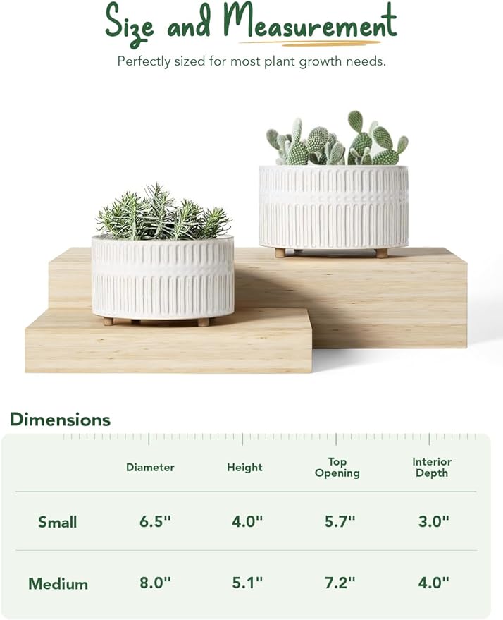 LE TAUCI Succulent Pots, 6.5+8 Inch Ceramic Indoor Plant Pot with Drainage Hole, Modern Round Decorative Flower Pot, Set of 2, Reactive Glaze White
