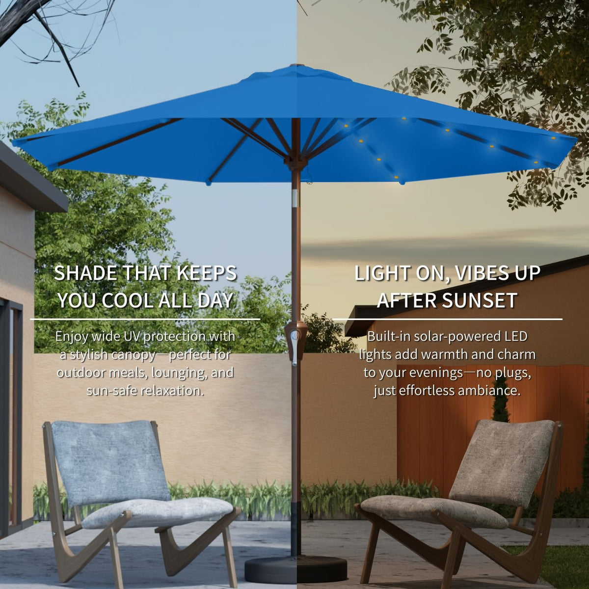 9FT Solar Umbrella 32 LED Lighted Patio Umbrella Table Market Umbrella w/Tilt and Crank, UV-Resistant Outdoor Umbrella for Pool, Garden, Deck, Royal Blue