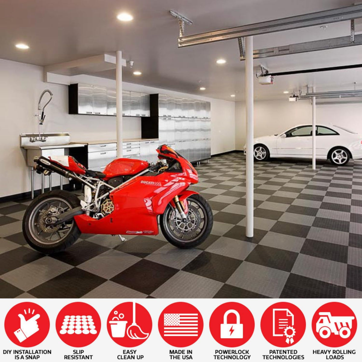 Big Floors GarageDeck Coin Pattern, Durable Copolymer Interlocking Modular Non-Slip Garage Flooring Tile (White, 24 Pack of 12 x 12" Tiles)