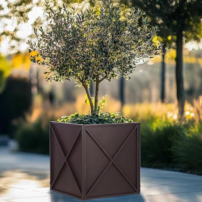 Metal Square Planter Box Tall Planters for Outdoor Plants Modern Heavy Duty with Drainage Holes for Outside Indoor Patio Deck - Brown, 17”x 17”x 18”