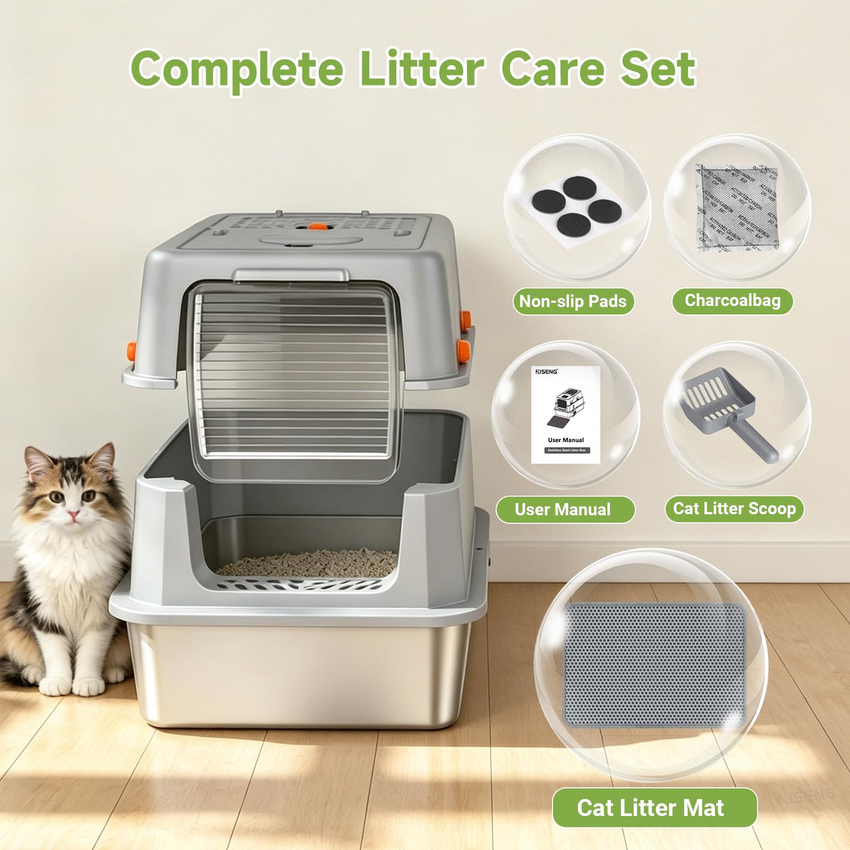 Enclosed Stainless Steel Litter Box, XL Covered MetalPan Includes Mat Scoop