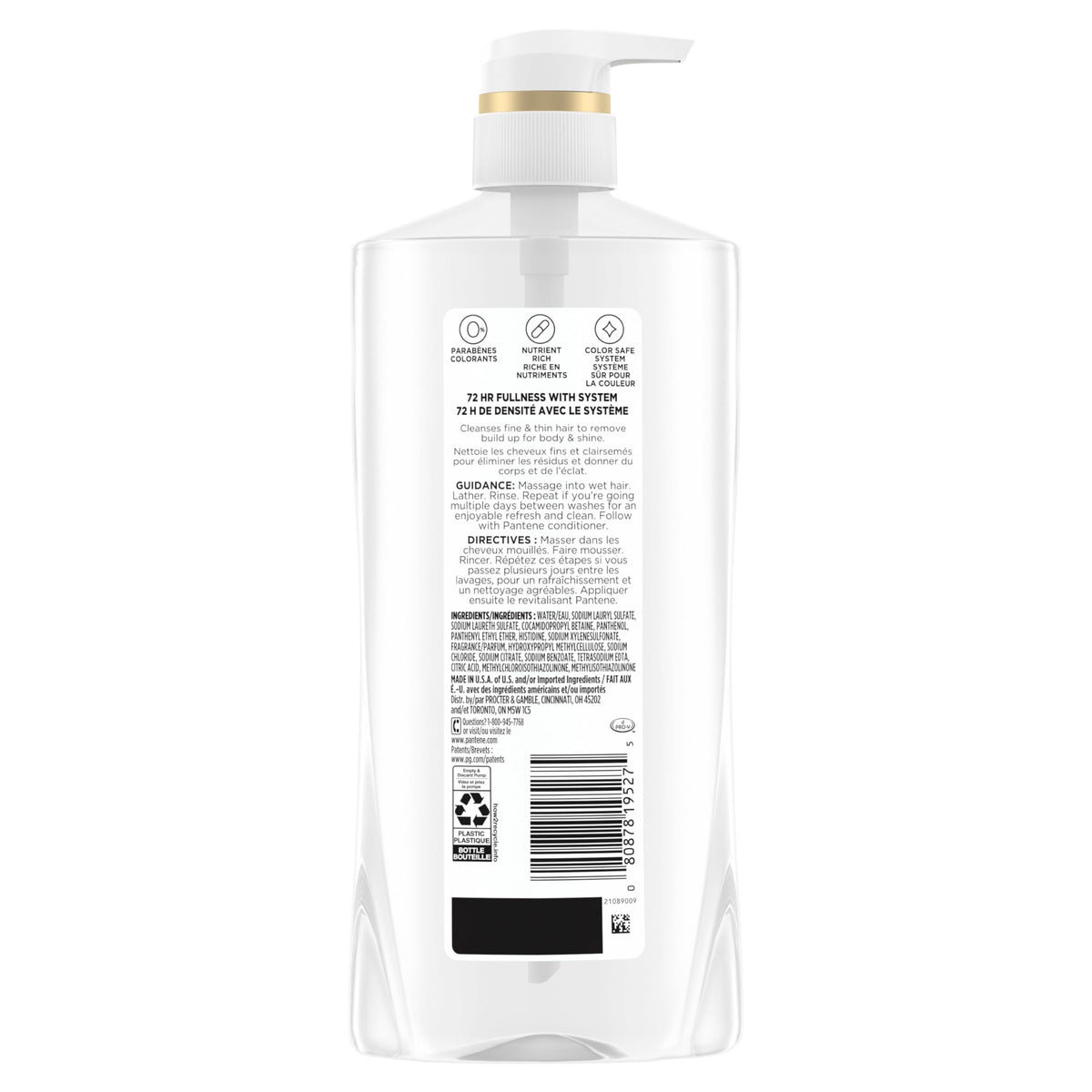 Pantene Shampoo, Sheer Volume - 72-Hour Fullness, Lightweight Nourishment with Pro-Vitamin B5 + Antioxidants, Fine, Thin, Color-Treated Hair, Paraben Free, Remove Build Up for Body & Shine, 27.7 Fl Oz