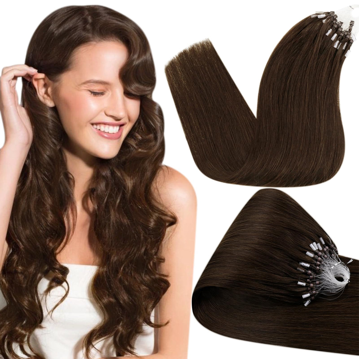 Hetto Micro Beads Hair Extensions Human Hair #4 Dark Brown Micro Link Extensions Remy Hair 22 Inch Pre Bonded Micro Loop Extensi