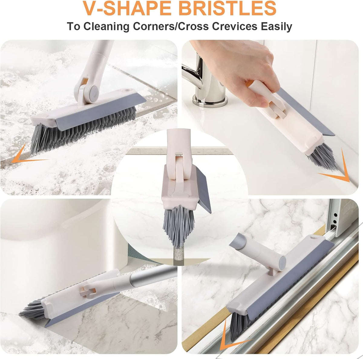 Grout Brush with Long Handle, 2 in 1 V-Shaped Floor Scrub Brush for Cleaning, Bathroom, Garage, Wall, Patio, and Tile, Stiff Bristle Brush with 54'' Telescopic Handle