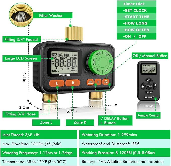 RESTMO RF Remote Controlled Sprinkler Timer with Brass Inlet & Outlet, Water Timer for Garden Hose, Automatic/Manual/Rain Delay for Outdoor Faucet, Drip Irrigation and Lawn Watering, 2 Outlet