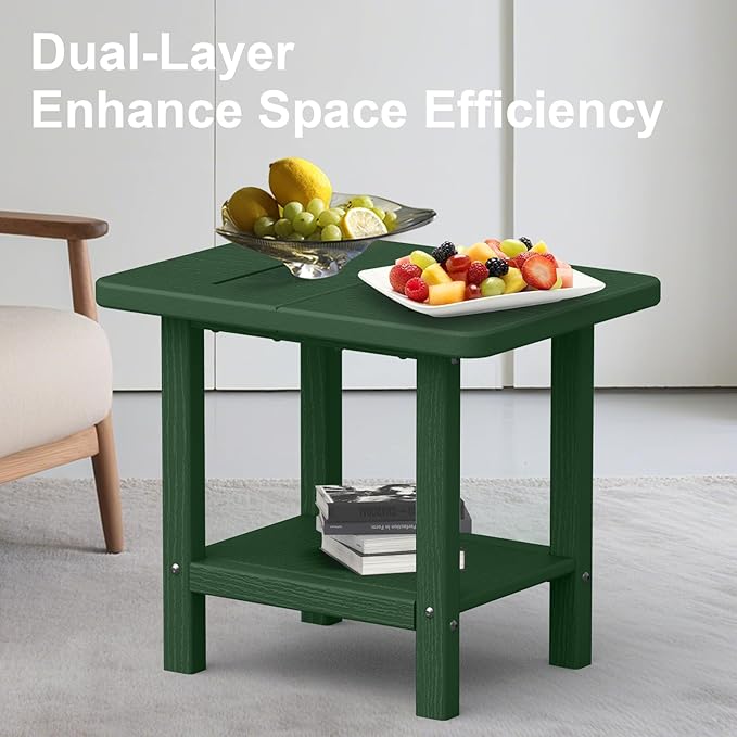 Outdoor Side Table - 2-Tier Storage All Weather Outdoor End Table for Patio - HDPE Morden Easy Maintenance Adirondack Side Table for Pool Porch Balcony Garden Lawn Backyard Outside Indoor