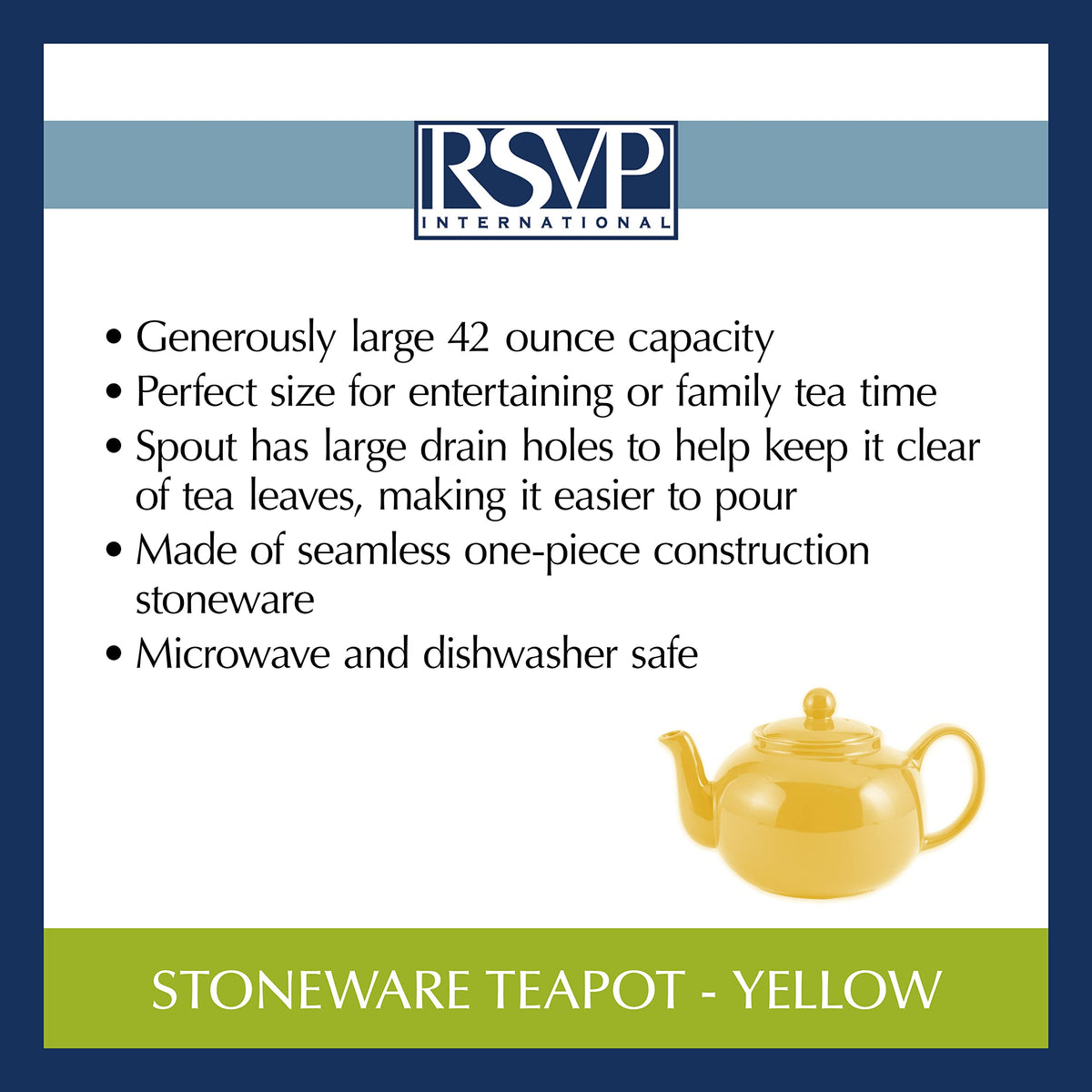 RSVP International Stoneware Teapot Collection, Microwave and Dishwasher Safe, 42 oz, Yellow